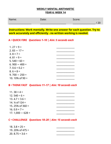Year 6 Weekly Mental Maths - Mental Arithmetic Worksheet | Week 14