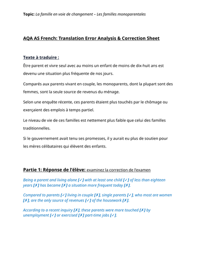 AS French AQA: Translation analysis- Les familles monoparentales
