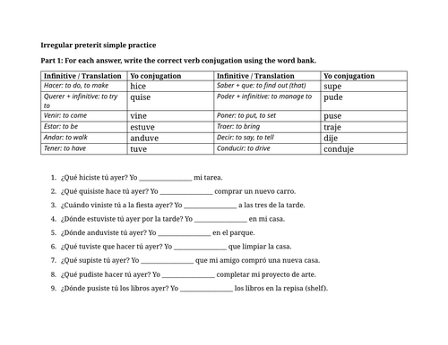 Irregular preterit simple practice