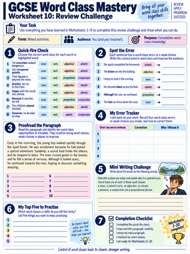 GCSE Word Classes | 10-Worksheet Grammar & Writing Mastery Pack | Nouns, Verbs, Adjectives & More