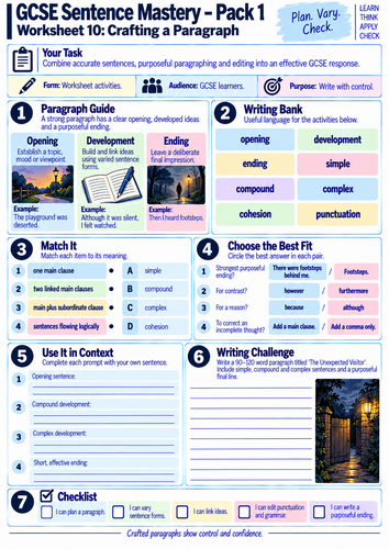 GCSE Sentence Mastery Pack 1 | 10 Worksheets on Clauses, Sentence Types, Cohesion & Paragraphing