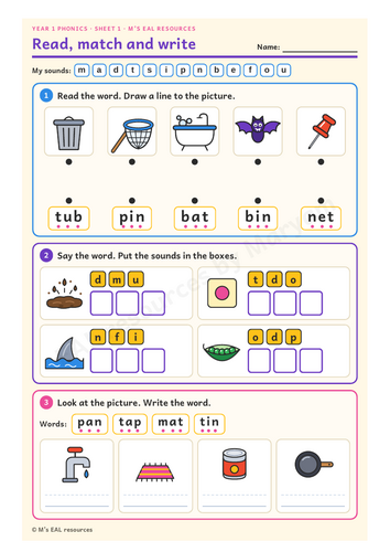 RWI Set 1 Read, Match and Write Part 2 (p b e f o u): CVC Phonics Worksheets for Year 1 and EAL