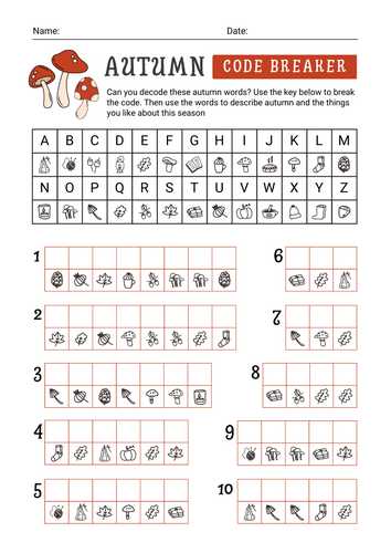 Autumn Code Breaker & Writing Activity with Answer