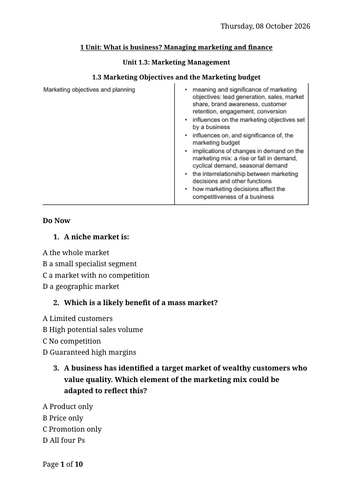 3.1.3 Market Objectives and Planning - AQA A Level (7138)