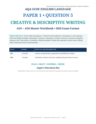 AQA GCSE English Language Paper 1 Question 5 Workbook | Creative & Descriptive Writing AO5 AO6 |