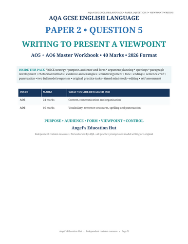 AQA GCSE English Language Paper 2 Question 5 Workbook | Viewpoint Writing AO5 AO6 |