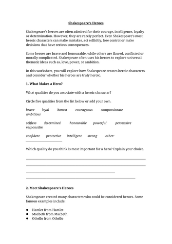 Shakespeare's Heroes Worksheet