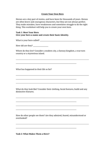 Create Your Own Hero Worksheet