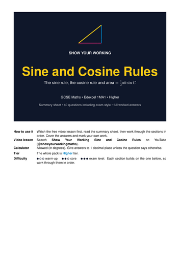 Sine and Cosine Rules GCSE Maths Revision Pack | Edexcel 1MA1 Higher | Full Worked Answers