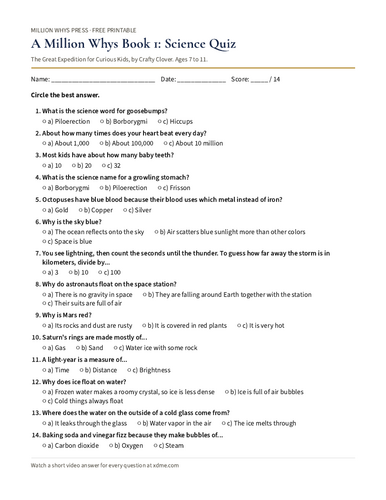 Free Printable Science Quiz with Answer Key (A Million Whys, Book 1)