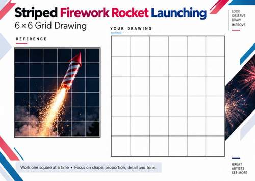 Striped Firework Rocket Grid Drawing Worksheet | Bonfire Night Art | KS3 & KS4