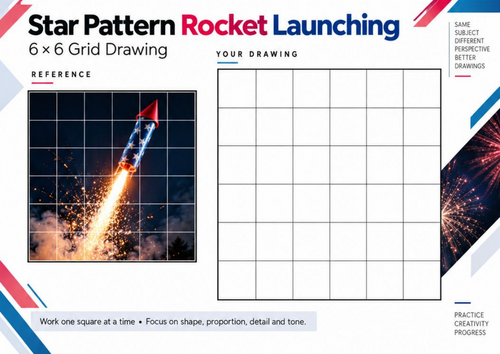 Star Pattern Firework Rocket Grid Drawing Worksheet | KS3 & KS4 Bonfire Art
