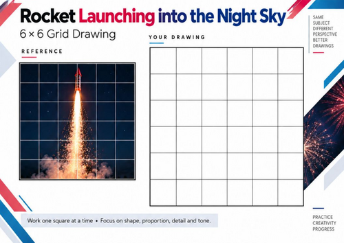 Firework Rocket Night Sky Grid Drawing Worksheet | KS3 & KS4 Bonfire Night Art