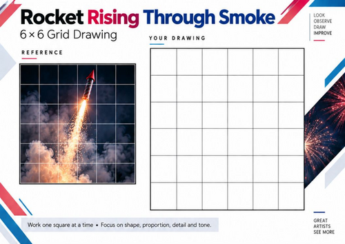 Firework Rocket Through Smoke Grid Drawing Worksheet | KS3 & KS4 Art