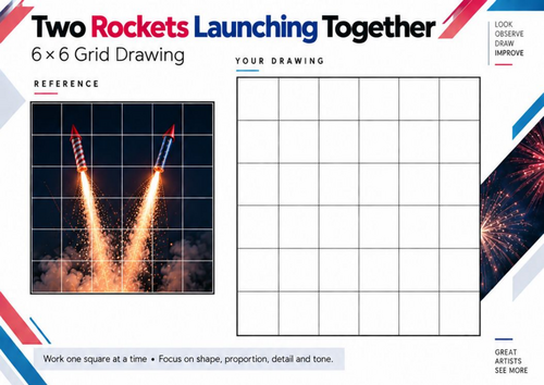 Two Firework Rockets Grid Drawing Worksheet | Bonfire Night KS3 & KS4 Art