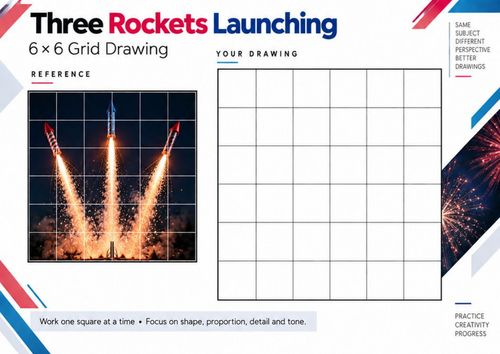 Three Firework Rockets Grid Drawing Worksheet | KS3 & KS4 Bonfire Night Art