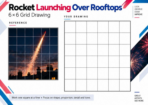Firework Rocket Over Rooftops Grid Drawing Worksheet | Bonfire Night Art KS3 & KS4