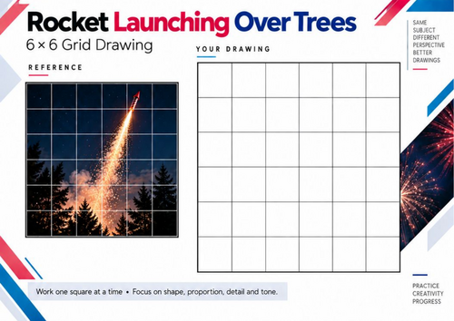 Firework Rocket Over Trees Grid Drawing Worksheet | KS3 & KS4 Bonfire Art