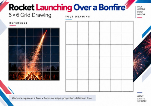 Firework Rocket and Bonfire Grid Drawing Worksheet | Bonfire Night KS3 & KS4 Art