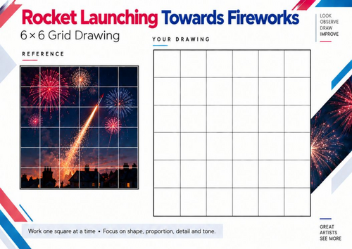 Firework Rocket and Fireworks Grid Drawing Worksheet | KS3 & KS4 Bonfire Night Art