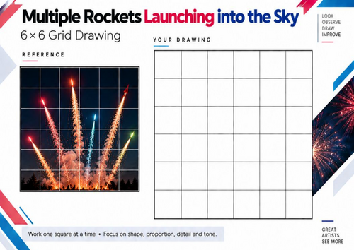 Firework Rocket Over Town Grid Drawing Worksheet | Bonfire Night Art KS3 & KS4