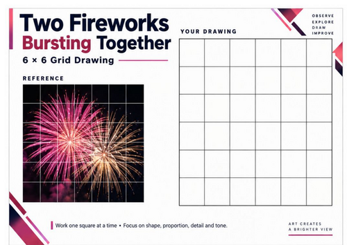 Two Fireworks Bursting Together | Grid Drawing Worksheet | Bonfire Night KS3 & KS4 Art