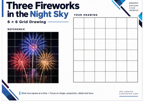 Three Fireworks in the Night Sky | Grid Drawing Worksheet | KS3 & KS4 Bonfire Night Art