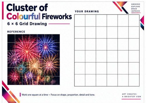 Cluster of Colourful Fireworks | Grid Drawing Worksheet | Bonfire Night Art KS3 & KS4