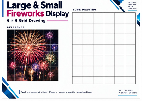 Large and Small Fireworks Display | Grid Drawing Worksheet | KS3 & KS4 Art