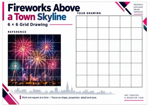Fireworks Above a Town Skyline | Grid Drawing Worksheet | Bonfire Night KS3 & KS4 Art