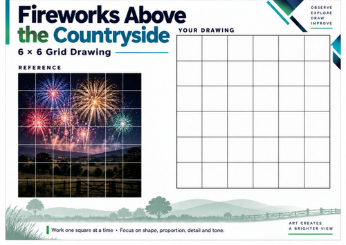 Fireworks Above the Countryside | Grid Drawing Worksheet | KS3 & KS4 Bonfire Night Art