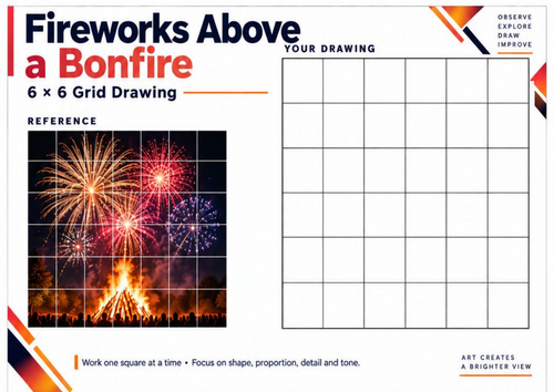 Fireworks Above a Bonfire | Grid Drawing Worksheet | Bonfire Night Art KS3 & KS4