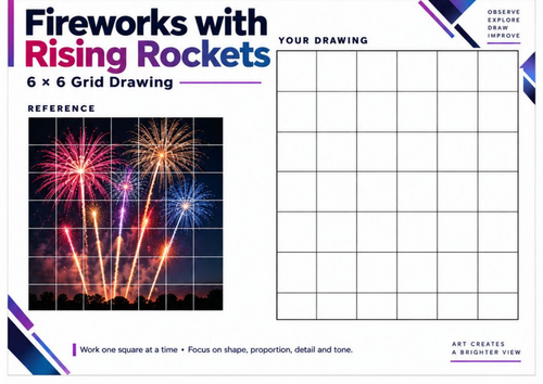 Fireworks with Rising Rockets | Grid Drawing Worksheet | KS3 & KS4 Art Activity