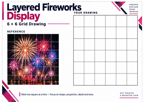 Layered Fireworks Display | Grid Drawing Worksheet | Bonfire Night KS3 & KS4 Art
