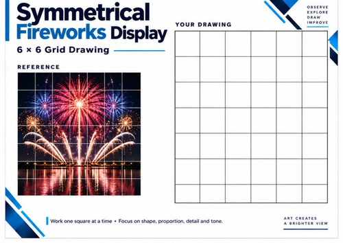 Symmetrical Fireworks Display | Grid Drawing Worksheet | KS3 & KS4 Bonfire Night Art