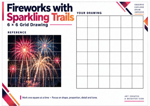 Fireworks with Sparkling Trails | Grid Drawing Worksheet | Bonfire Night Art KS3 & KS4
