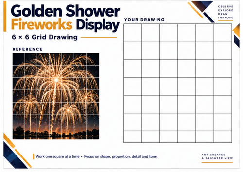 Golden Shower Fireworks Display | Grid Drawing Worksheet | KS3 & KS4 Art