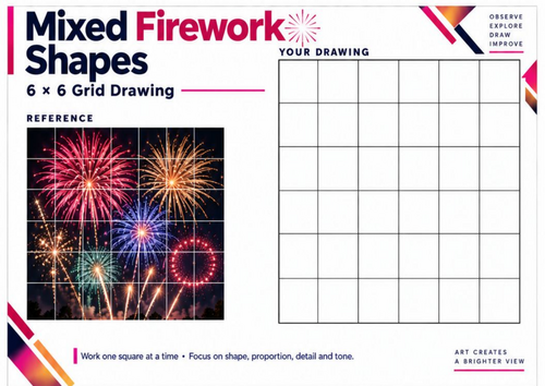 Mixed Firework Shapes | Grid Drawing Worksheet | Bonfire Night Art KS3 & KS4