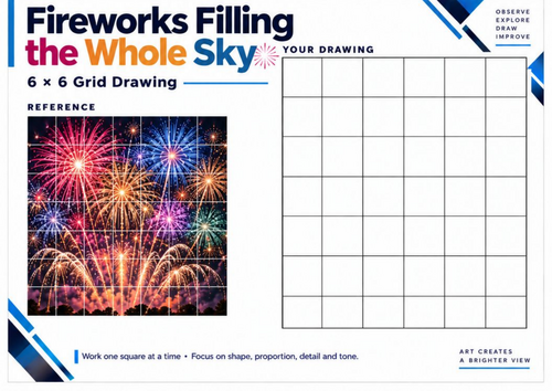 Fireworks Filling the Whole Sky | Grid Drawing Worksheet | KS3 & KS4 Bonfire Night Art