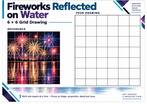 Fireworks Reflected on Water | Grid Drawing Worksheet | Bonfire Night KS3 & KS4 Art