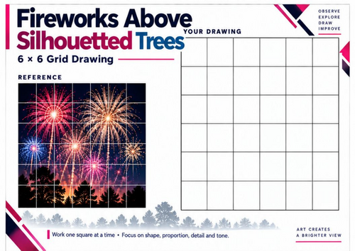 Fireworks Above Silhouetted Trees | Grid Drawing Worksheet | KS3 & KS4 Art