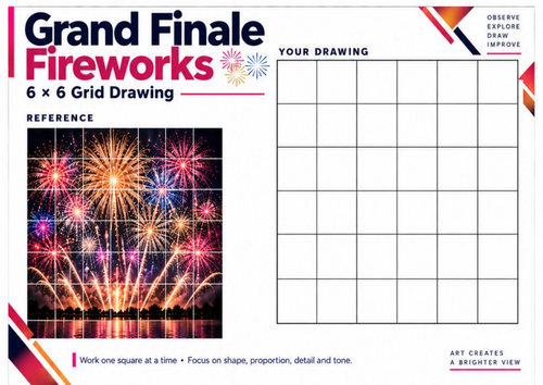 Grand Finale Fireworks | Grid Drawing Worksheet | Bonfire Night Art KS3 & KS4