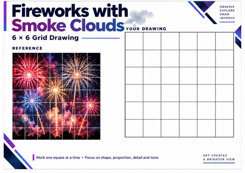 Fireworks with Smoke Clouds | Grid Drawing Worksheet | Bonfire Night KS3 & KS4 Art