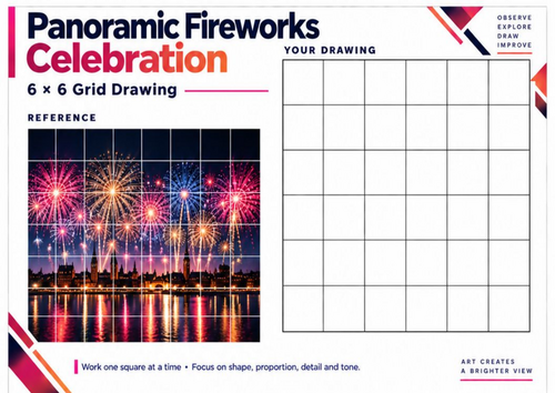 Panoramic Fireworks Celebration | Grid Drawing Worksheet | Bonfire Night Art KS3 & KS4