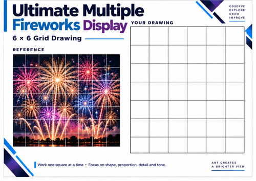 Ultimate Multiple Fireworks Display | Grid Drawing Worksheet | Bonfire Night KS3 & KS4 Art