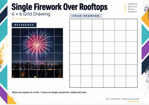 Single Firework Over Rooftops | Bonfire Night Grid Drawing Worksheet | KS3 & KS4 Art