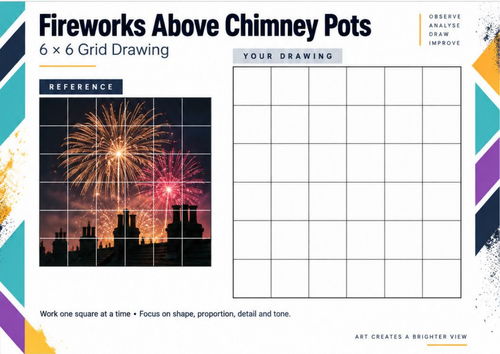 Fireworks Above Chimney Pots | Bonfire Night Grid Drawing Worksheet | KS3 & KS4