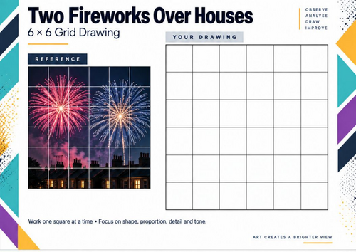 Two Fireworks Over Houses | Fireworks Grid Drawing Worksheet | KS3 & KS4 Art
