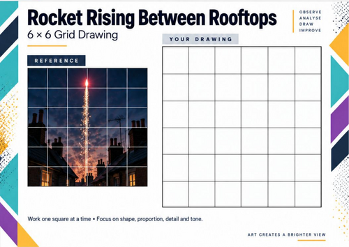 Rocket Rising Between Rooftops | Bonfire Night Grid Drawing | KS3 & KS4 Art