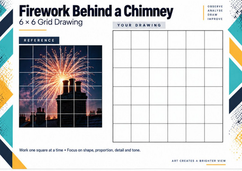 Firework Behind a Chimney | Bonfire Night Grid Drawing Worksheet | KS3 & KS4